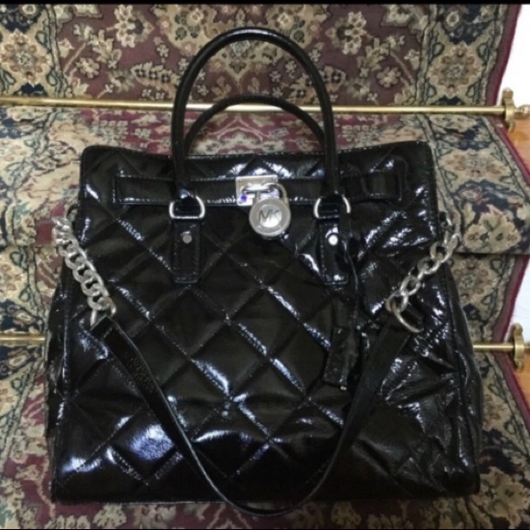 Michael Kors HAMILTON Black PATENT LEATHER Quilted Satchel Handbag Shoulder Bag - Picture 2 of 15